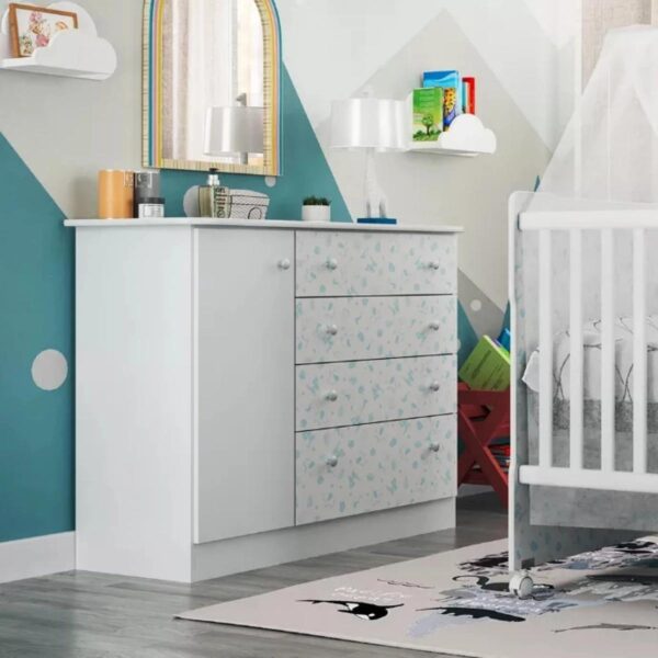 Cômoda Bebê Newbaby Baby 4 Gavetas 1 Porta Branco Azul-Imagem 3