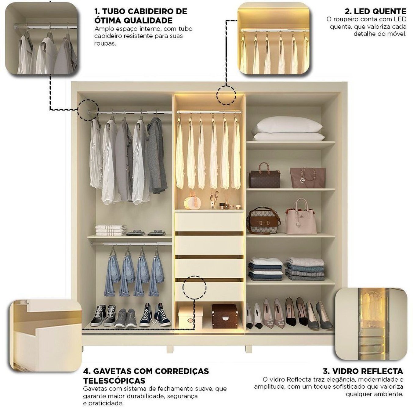 Guarda-Fato Royale 3 Portas com LED Gelius Off White – detalhes